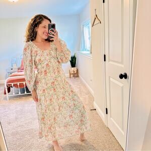 NWT THE GREAT. Gray Cotton Floral Maxi Dress 0 Small